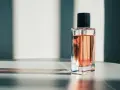 Eine Glasflasche mit rosafarbenem Parfum und schwarzem Deckel, beleuchtet von Sonnenlicht.