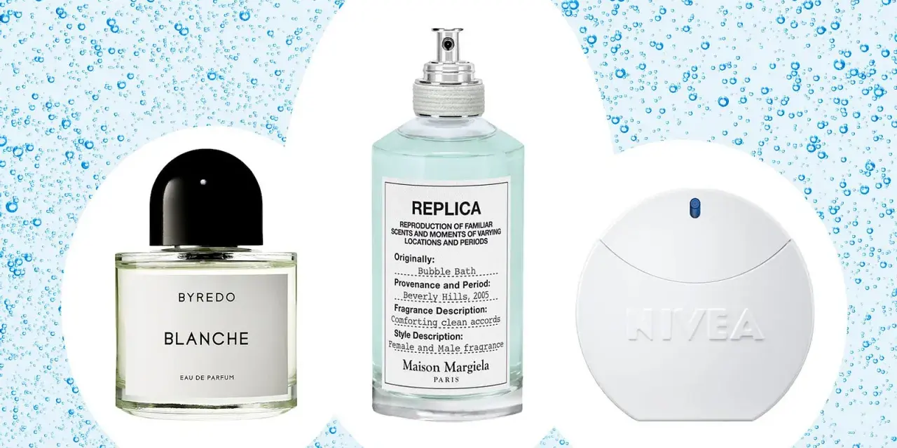 Drei Parfümflaschen: Byredo Blanche, Maison Margiela Replica Bubble Bath, Nivea.