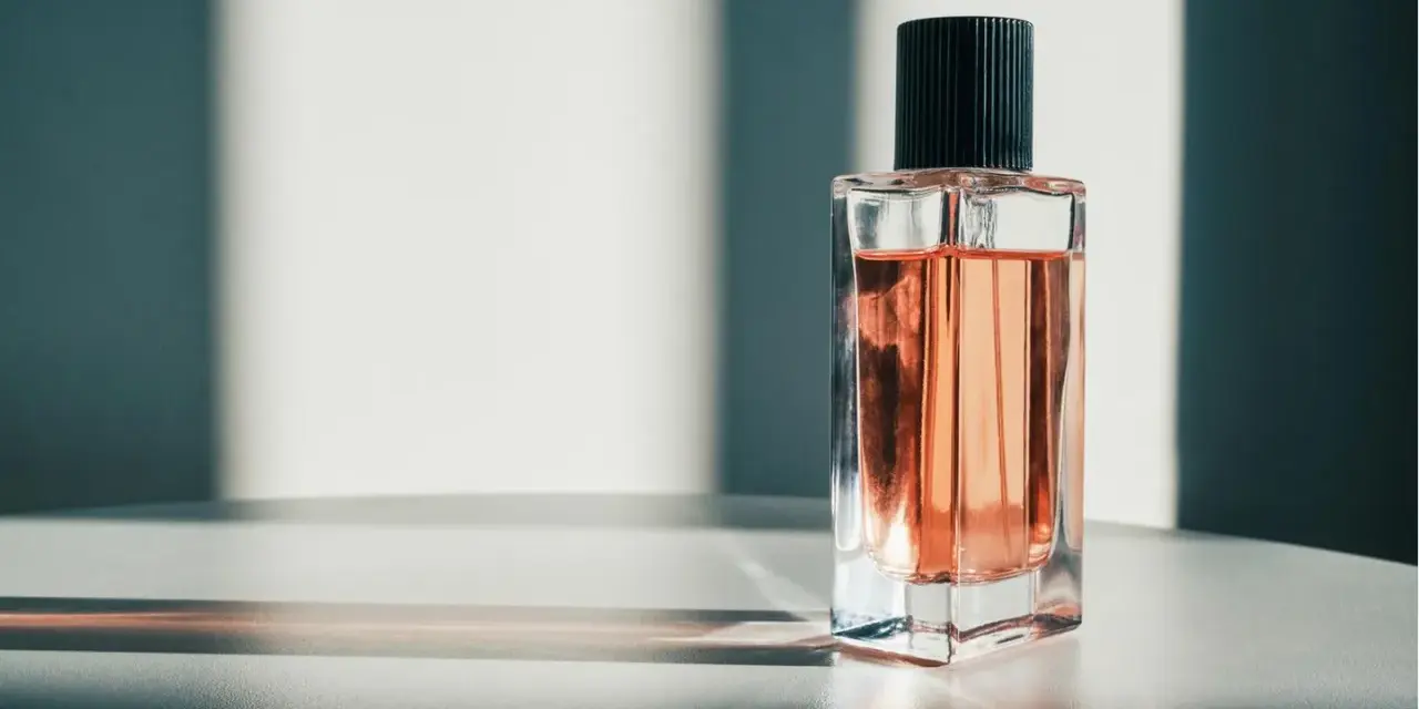 Eine Glasflasche mit rosafarbenem Parfum und schwarzem Deckel, beleuchtet von Sonnenlicht.