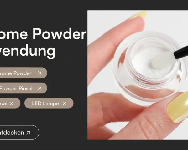 Nahaufnahme: Hand hält Tiegel mit weißem Chrom-Puder und Pinsel, gelber Nagel.