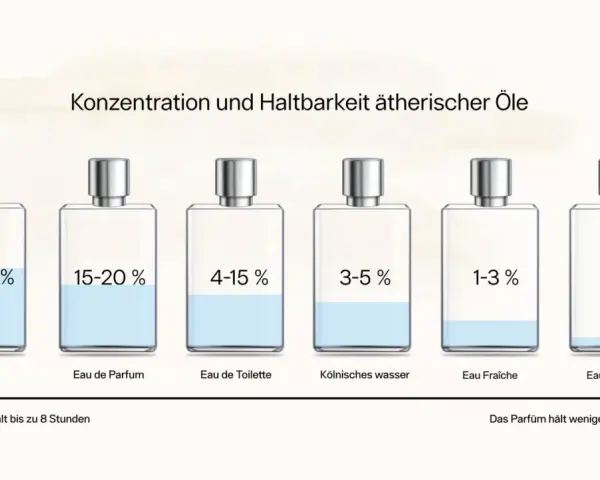 Sechs Parfumflaschen mit unterschiedlichen Konzentrationen und Füllständen, die die Haltbarkeit von Duftölen zeigen.
