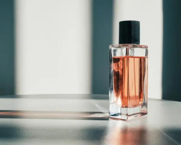 Eine Glasflasche mit rosafarbenem Parfum und schwarzem Deckel, beleuchtet von Sonnenlicht.