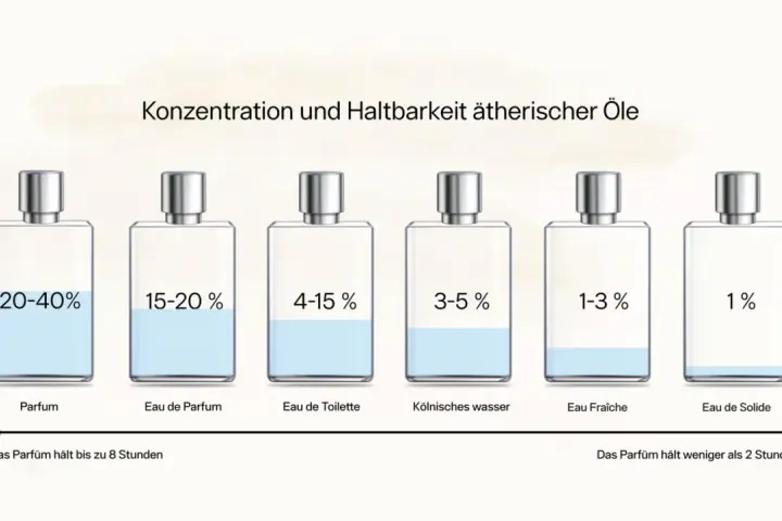 Sechs Parfumflaschen mit unterschiedlichen Konzentrationen und Füllständen, die die Haltbarkeit von Duftölen zeigen.