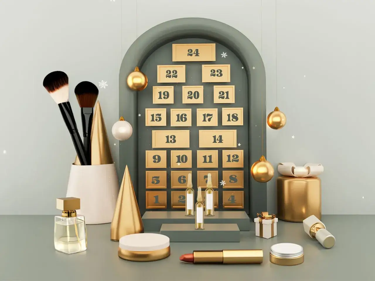 Ein Adventskalender für Frauen mit Kosmetik-Überraschungen. Pinsel, Parfüm und Lippenstift warten hinter den Türchen.